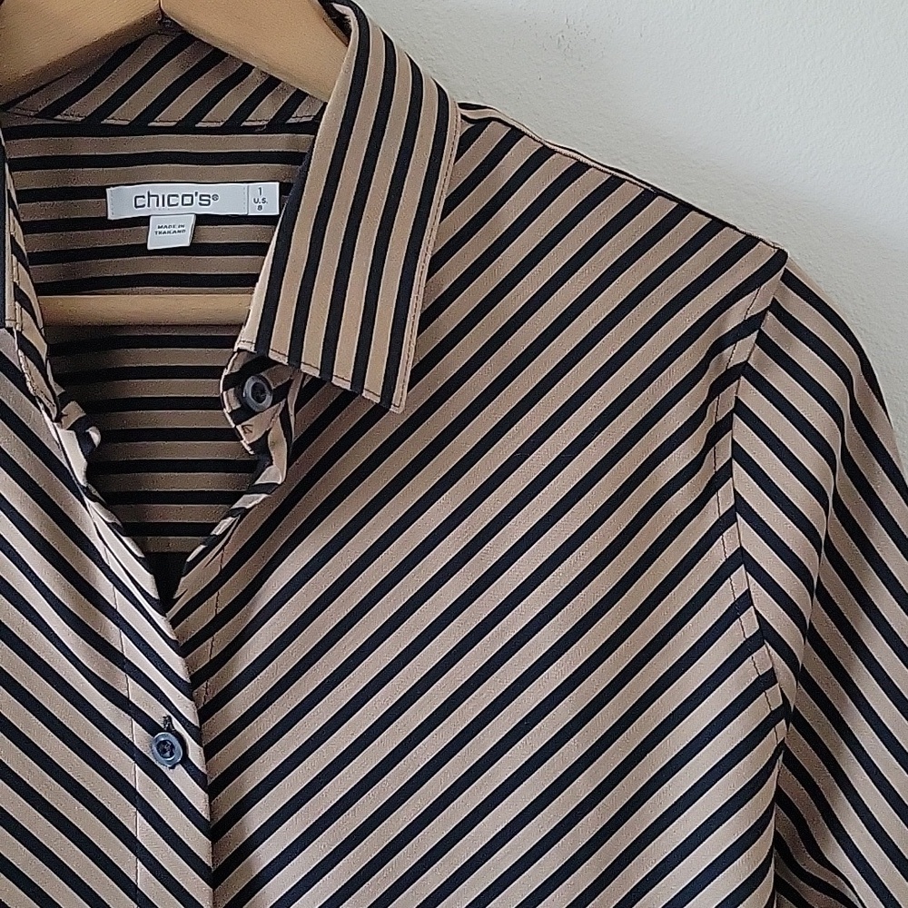 Chico's No Iron Stretch Black Imperial Stripe Shirt Size Medium/8 - Picture 3 of 7